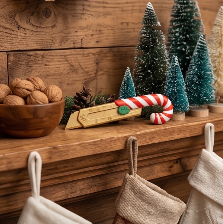 Jingle Blade displayed on a wooden Christmas mantel with miniature trees