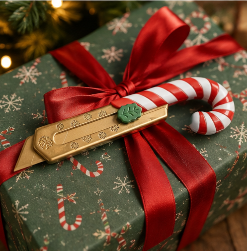 Jingle Blade resting on a wrapped Christmas gift with a red ribbon