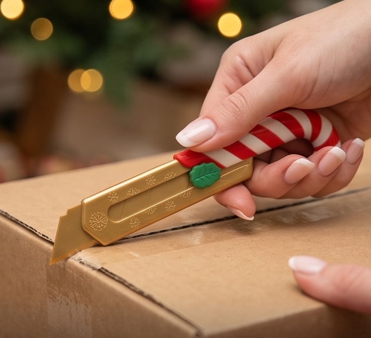 A hand using Jingle Blade to open a cardboard package