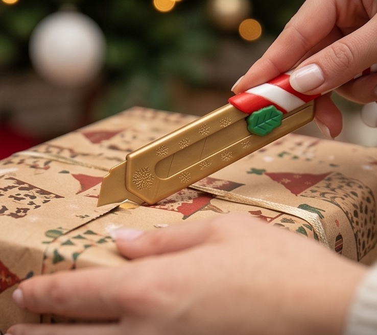 A hand using Jingle Blade to open a wrapped Christmas present