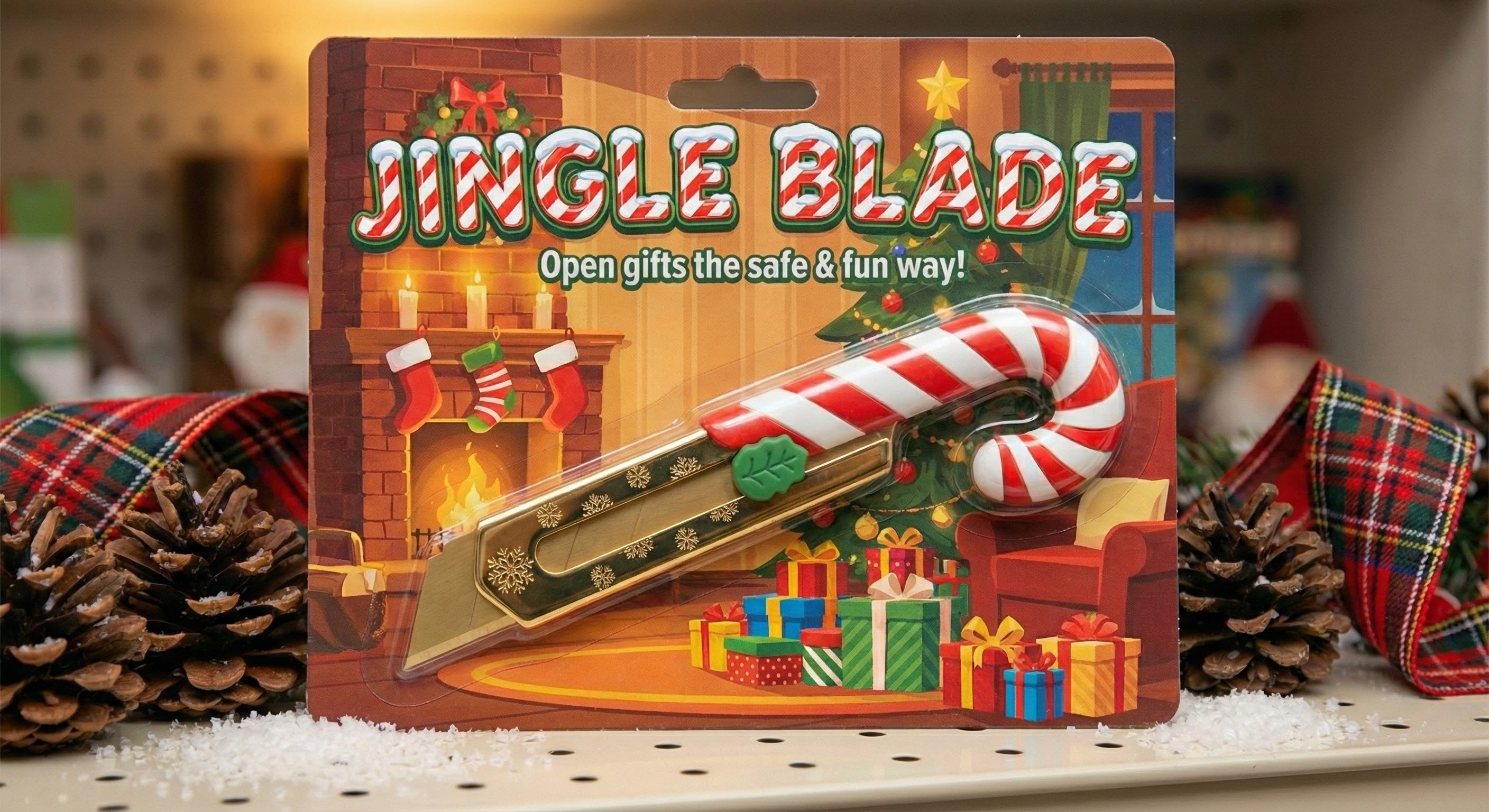 Jingle Blade in its Christmas packaging beside pinecones and tartan ribbon